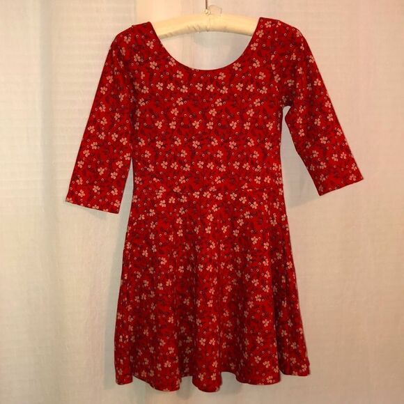 Hollister M Scoop Neck Back Quarter Sleeve Cotton Red Floral Skater Dress - Picture 5 of 15
